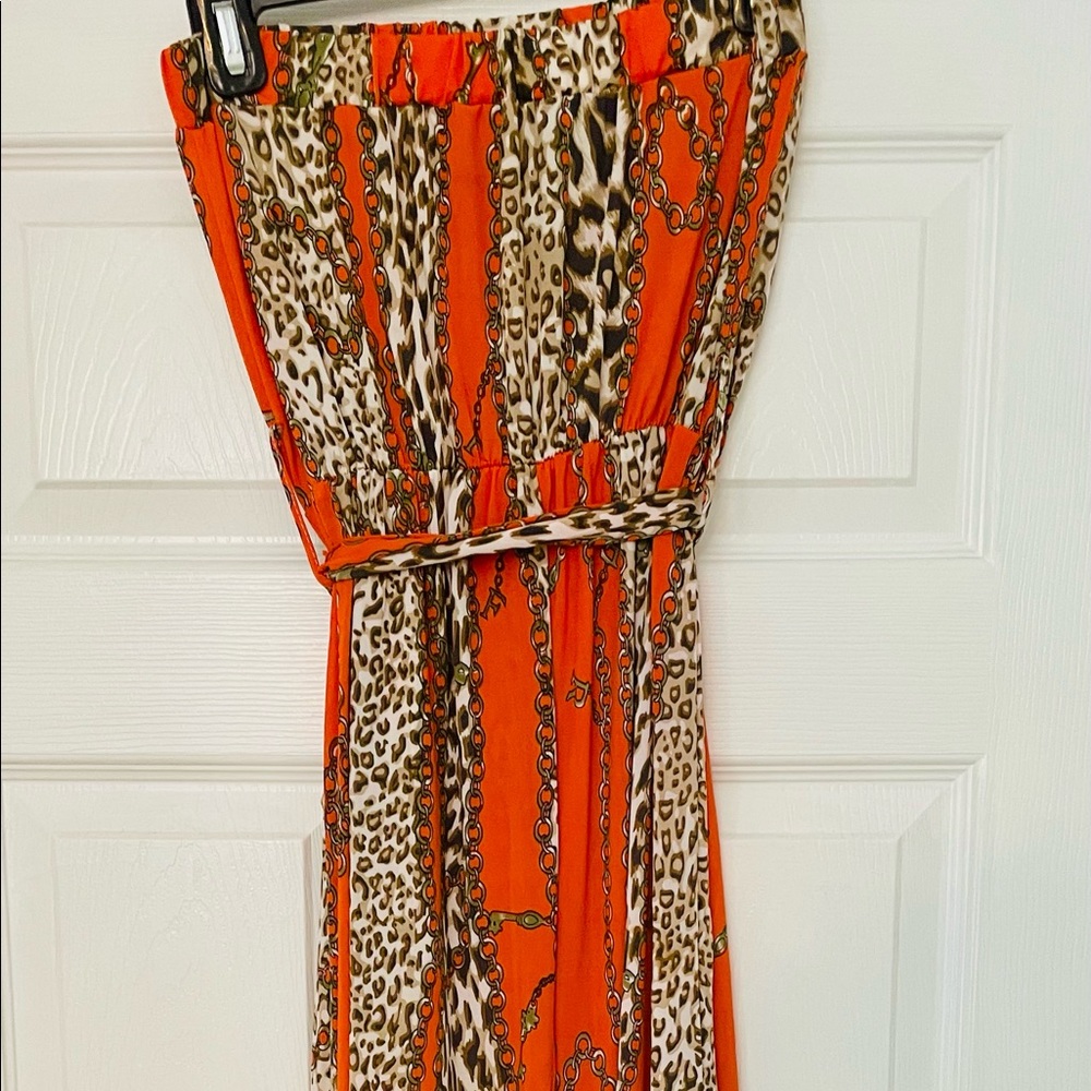 Orange and brown strapless high low dress Sz M